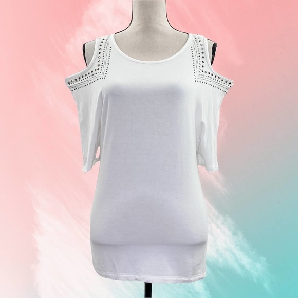 VOICE of California White Cold-Shoulder Dolman Sleeve Embellished Blouse - Picture 10 of 11